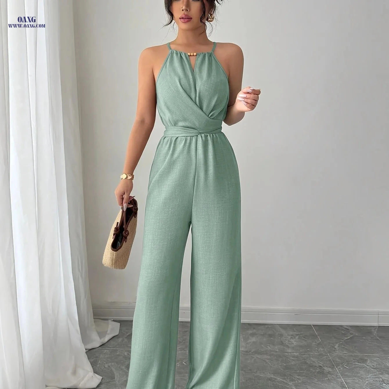 Women's Pleated Jumpsuit - Elegant Twisted Knot Design for Spring   OAXG Black / XS