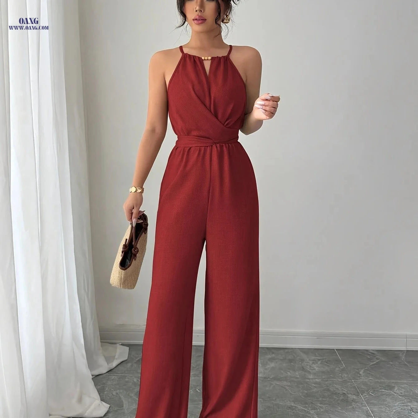 Women's Pleated Jumpsuit - Elegant Twisted Knot Design for Spring   OAXG Black / XS