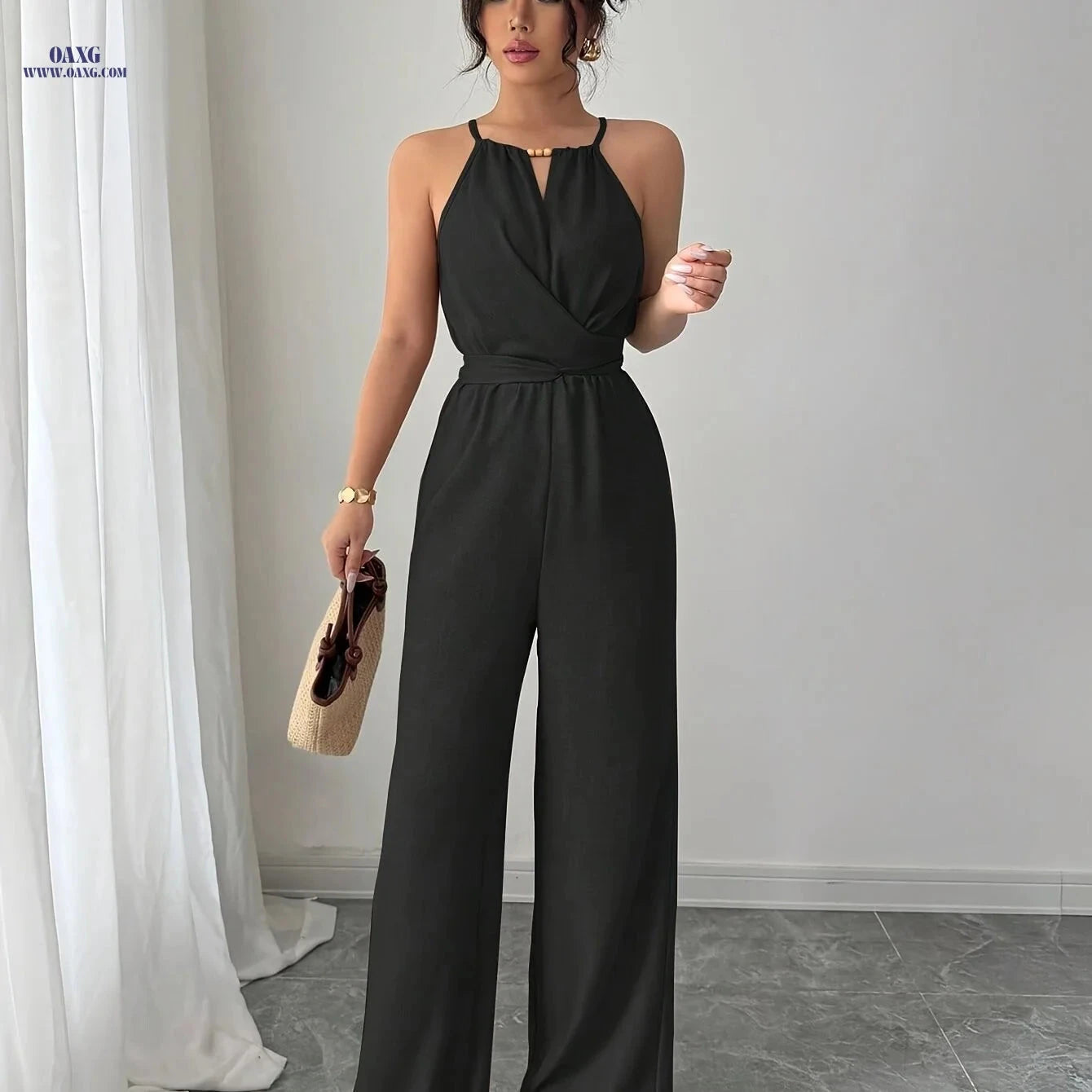 Women's Pleated Jumpsuit - Elegant Twisted Knot Design for Spring   OAXG Black / XS