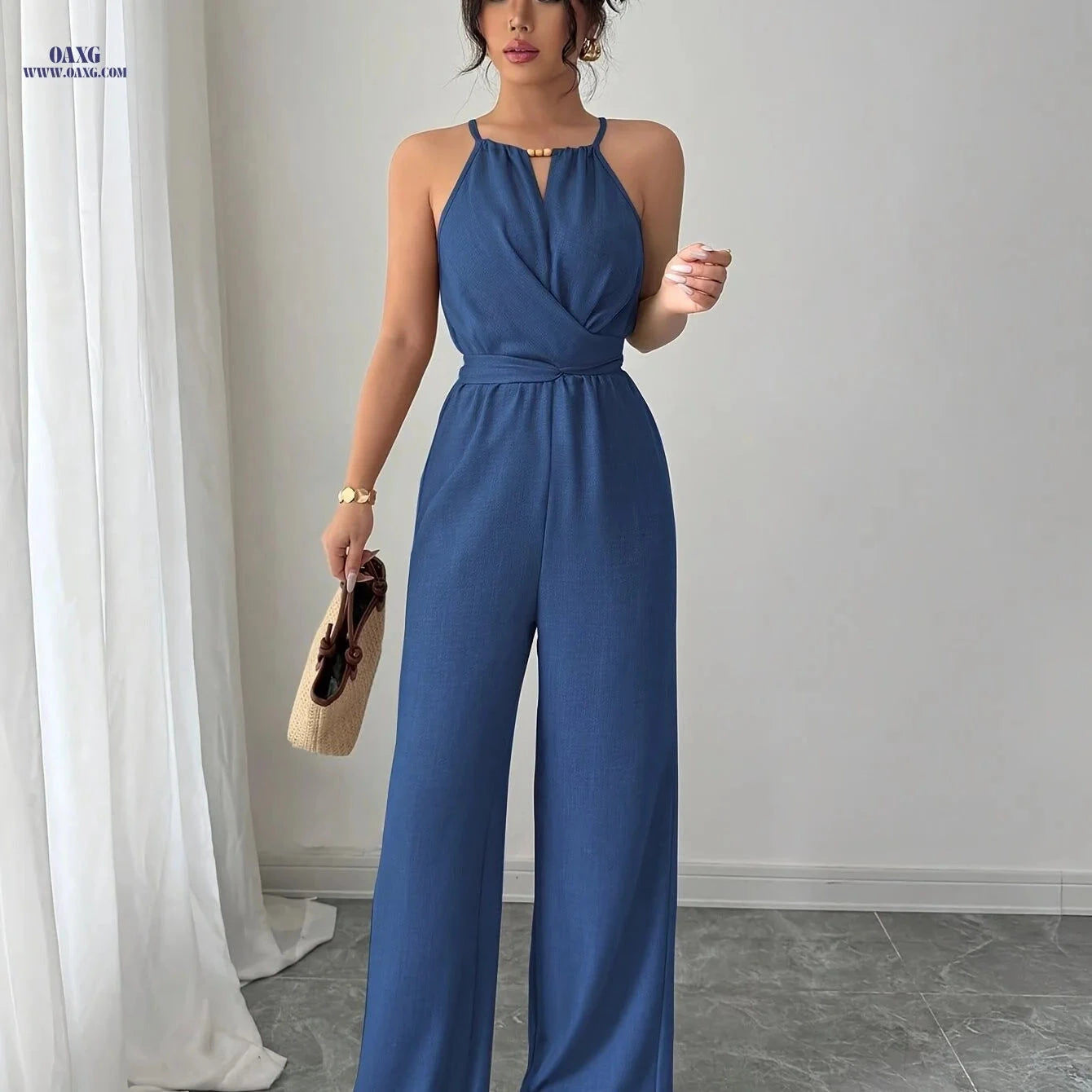 Women's Pleated Jumpsuit - Elegant Twisted Knot Design for Spring   OAXG Black / XS