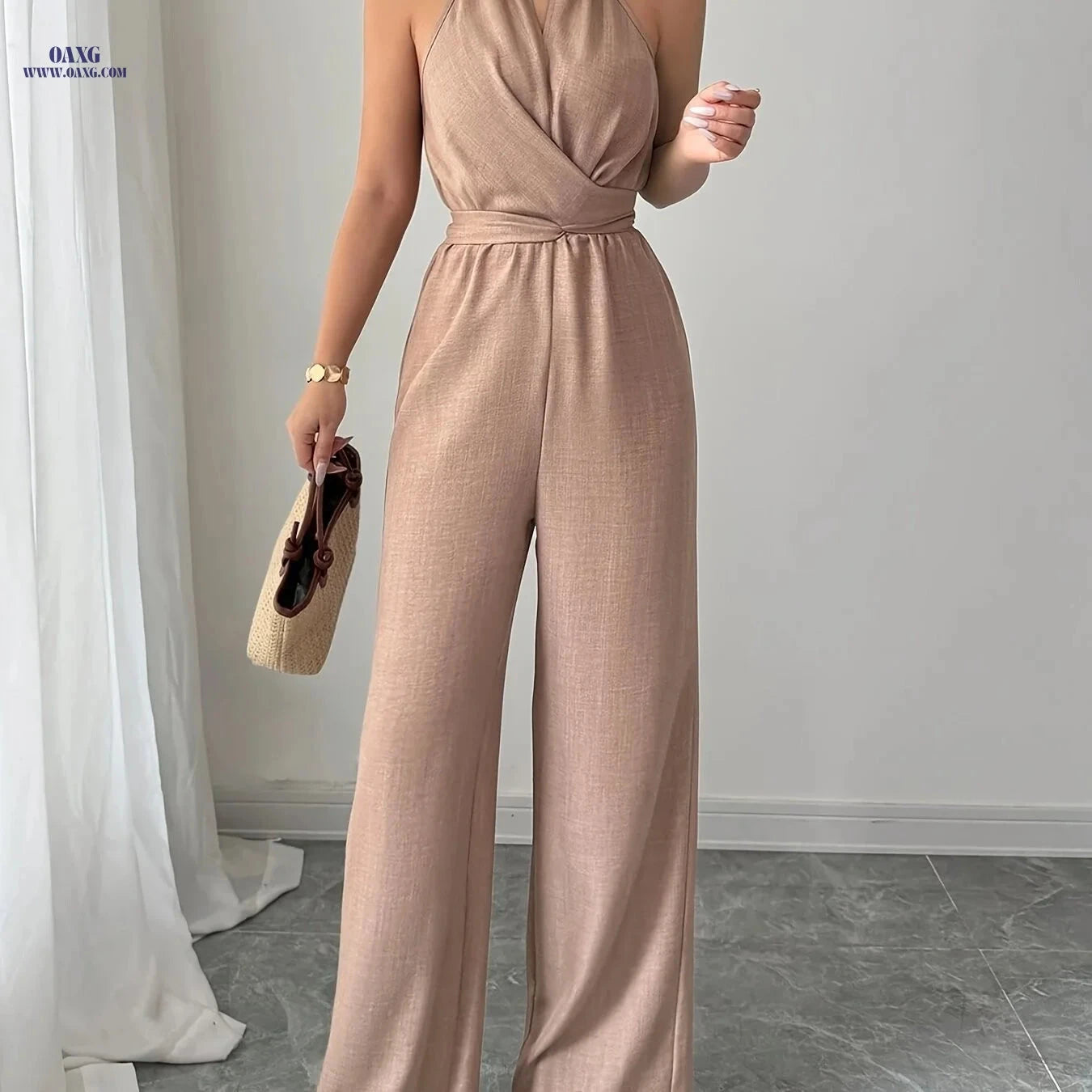 Women's Pleated Jumpsuit - Elegant Twisted Knot Design for Spring   OAXG 