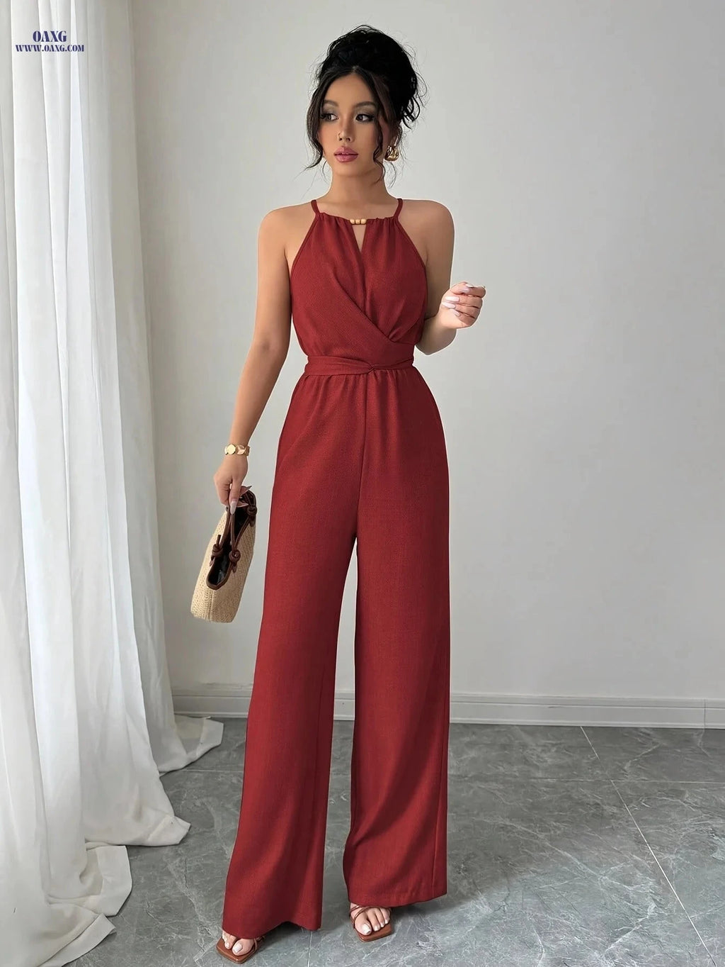 Women's Pleated Jumpsuit - Elegant Twisted Knot Design for Spring   OAXG 