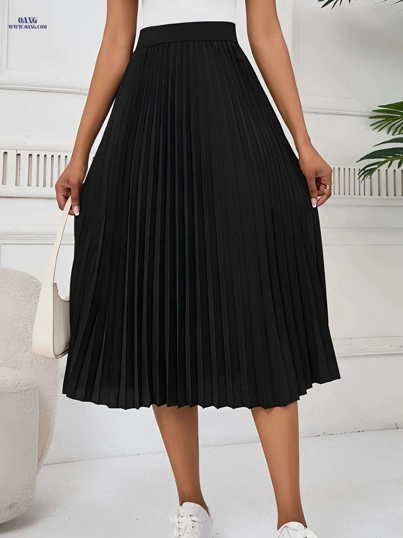 Women's Pleated Midi Skirt - Elegant Polyester with Elastic Waistband   OAXG 