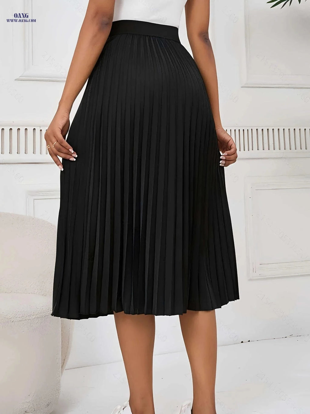 Women's Pleated Midi Skirt - Elegant Polyester with Elastic Waistband   OAXG Black / XS