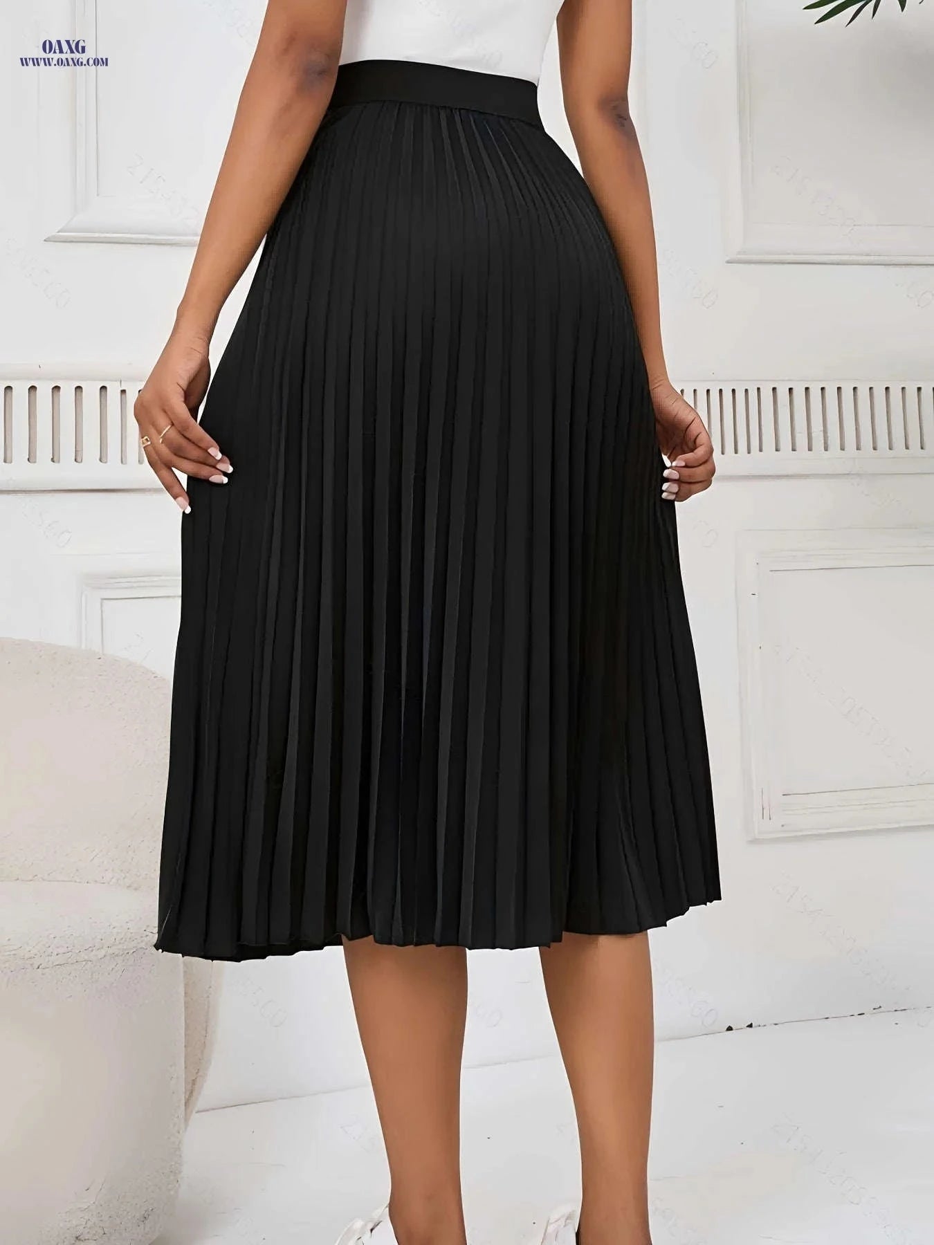 Women's Pleated Midi Skirt - Elegant Polyester with Elastic Waistband   OAXG Black / XS