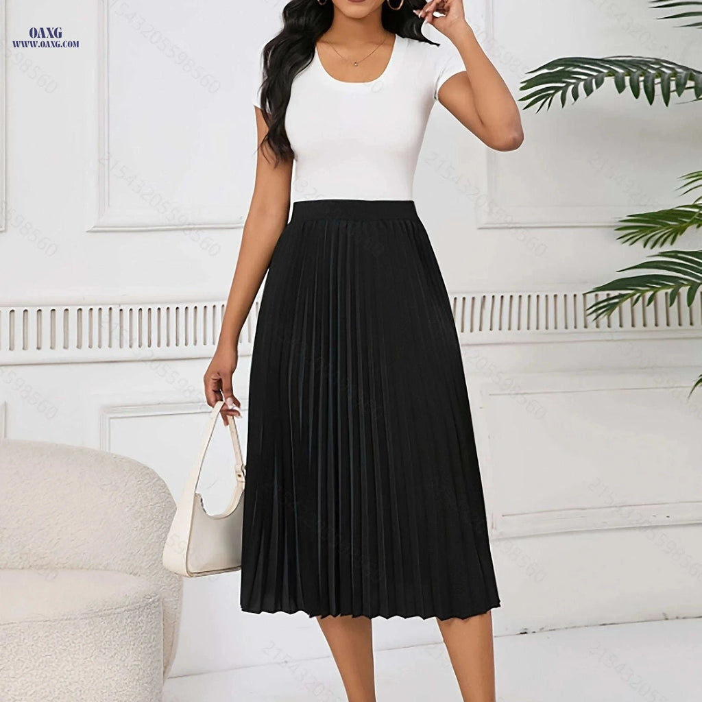 Women's Pleated Midi Skirt - Elegant Polyester with Elastic Waistband   OAXG Black / XS