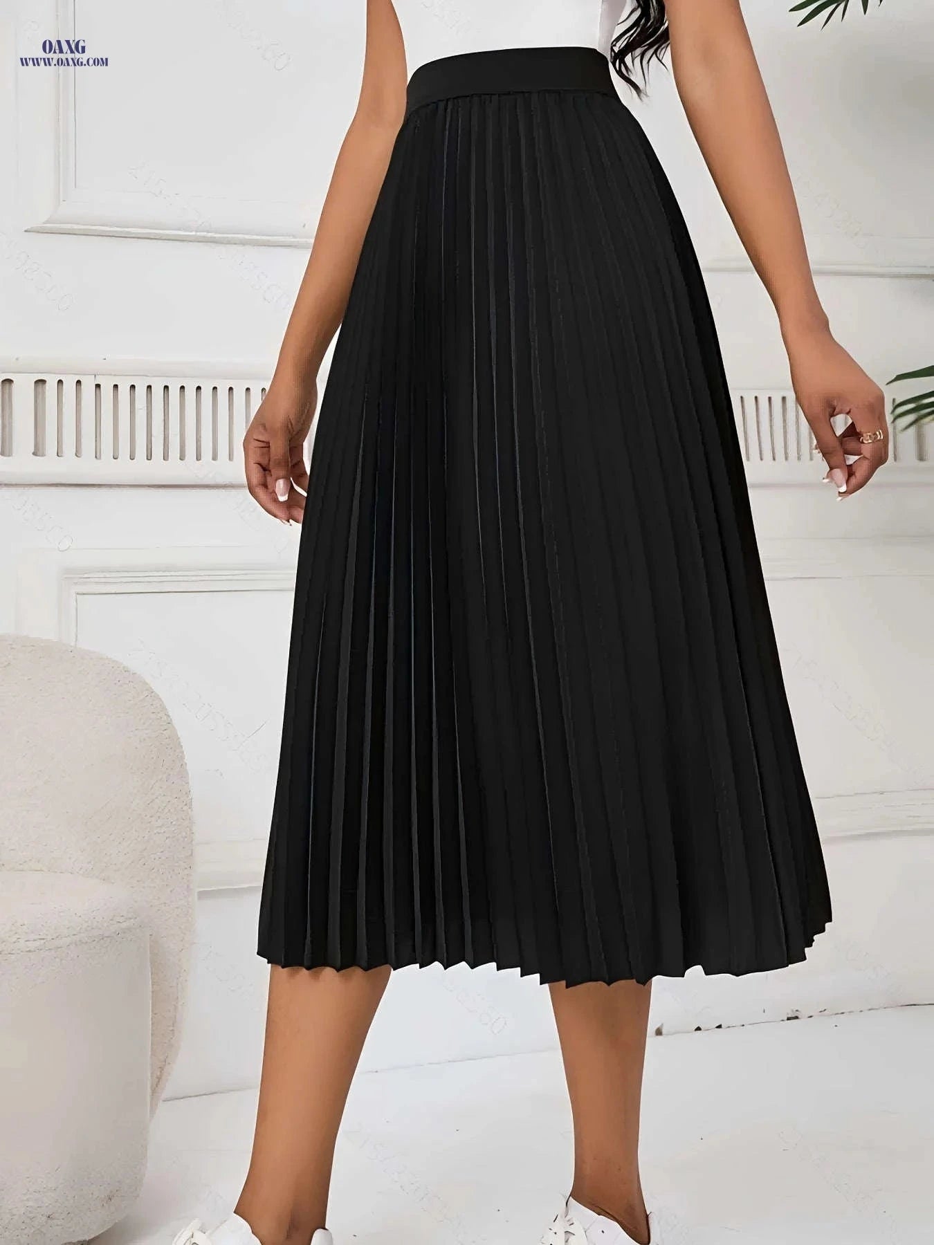 Women's Pleated Midi Skirt - Elegant Polyester with Elastic Waistband   OAXG Black / XS