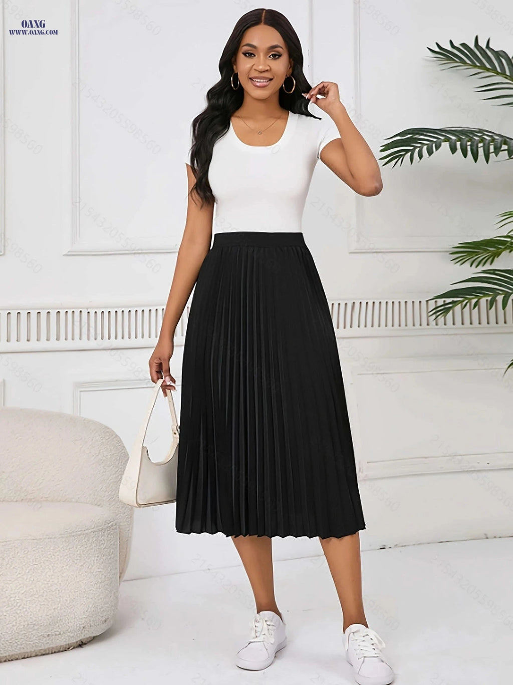 Women's Pleated Midi Skirt - Elegant Polyester with Elastic Waistband   OAXG Black / XS