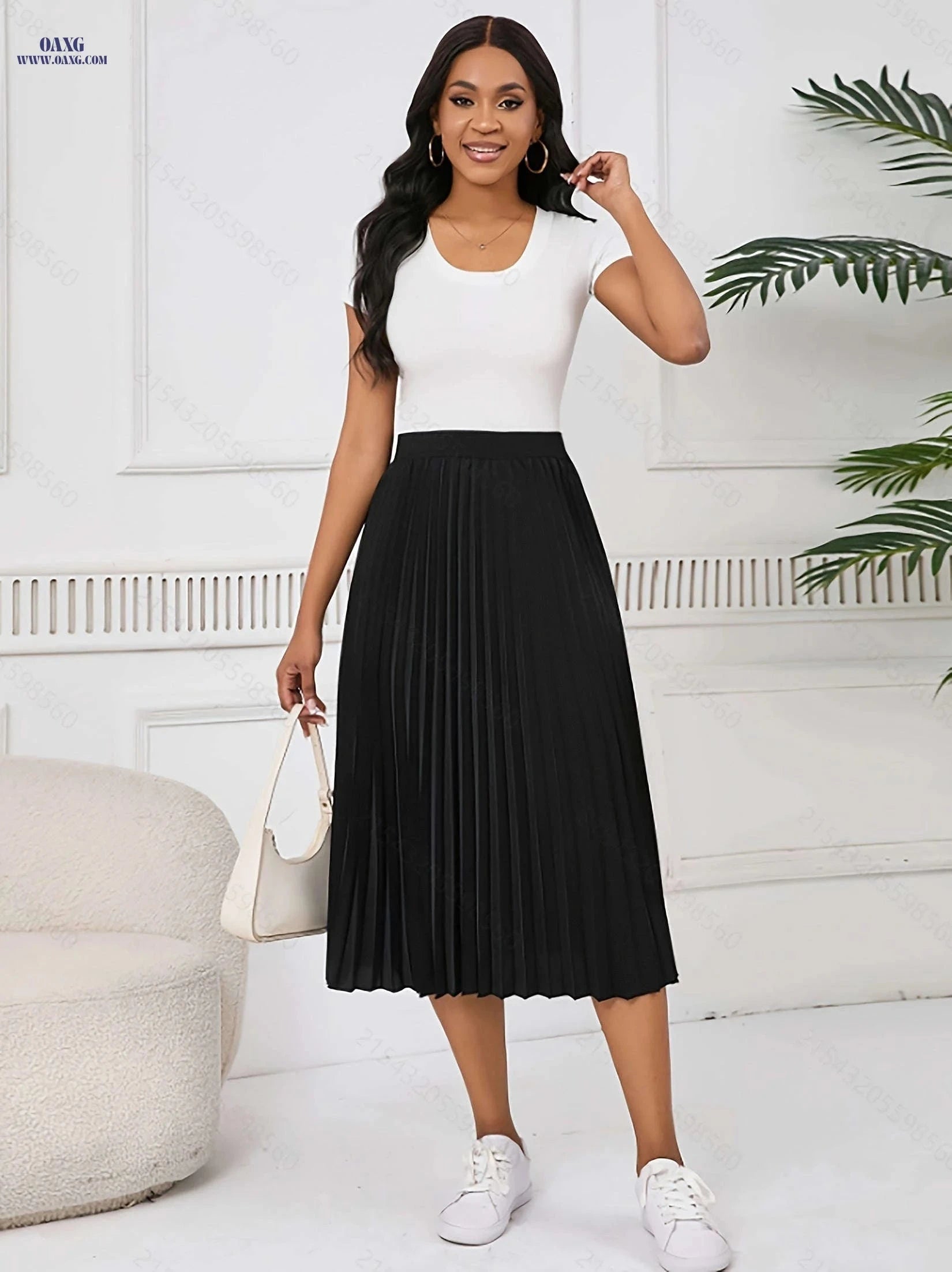 Women's Pleated Midi Skirt - Elegant Polyester with Elastic Waistband   OAXG Black / XS
