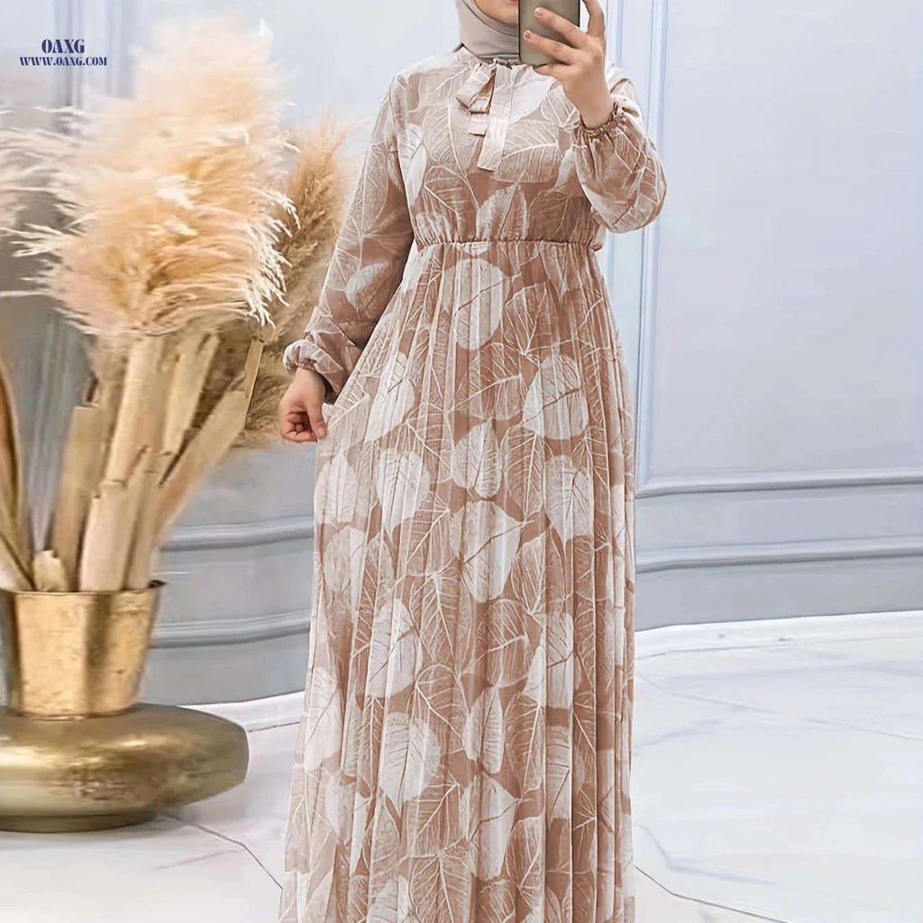 Women's Pleated Waist Dress - Semi-Sheer Middle Eastern Print Style   OAXG Khaki / S
