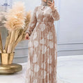 Women's Pleated Waist Dress - Semi-Sheer Middle Eastern Print Style   OAXG Khaki / S