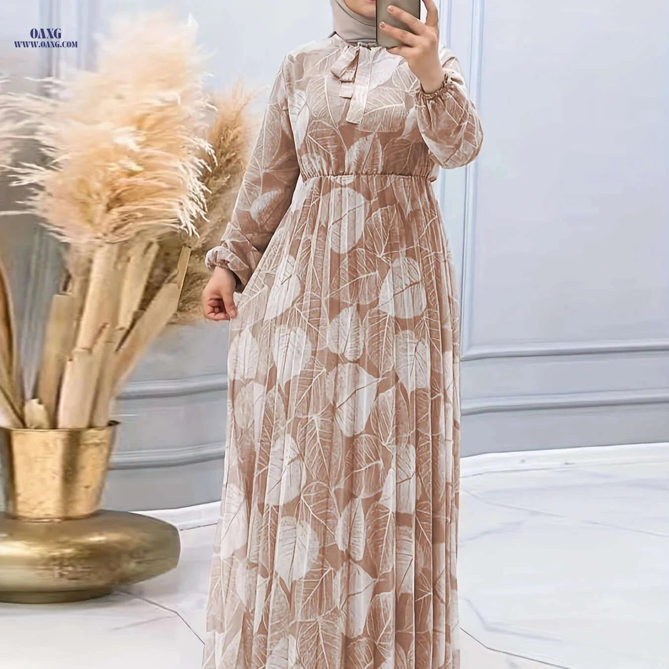Women's Pleated Waist Dress - Semi-Sheer Middle Eastern Print Style   OAXG Khaki / S