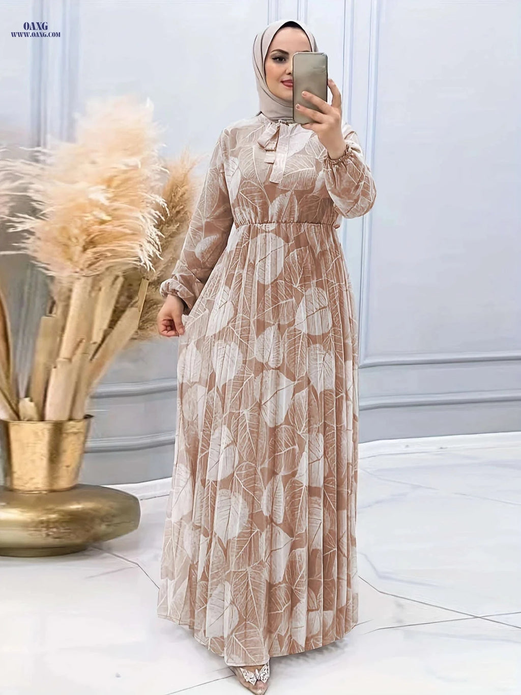 Women's Pleated Waist Dress - Semi-Sheer Middle Eastern Print Style   OAXG Khaki / S