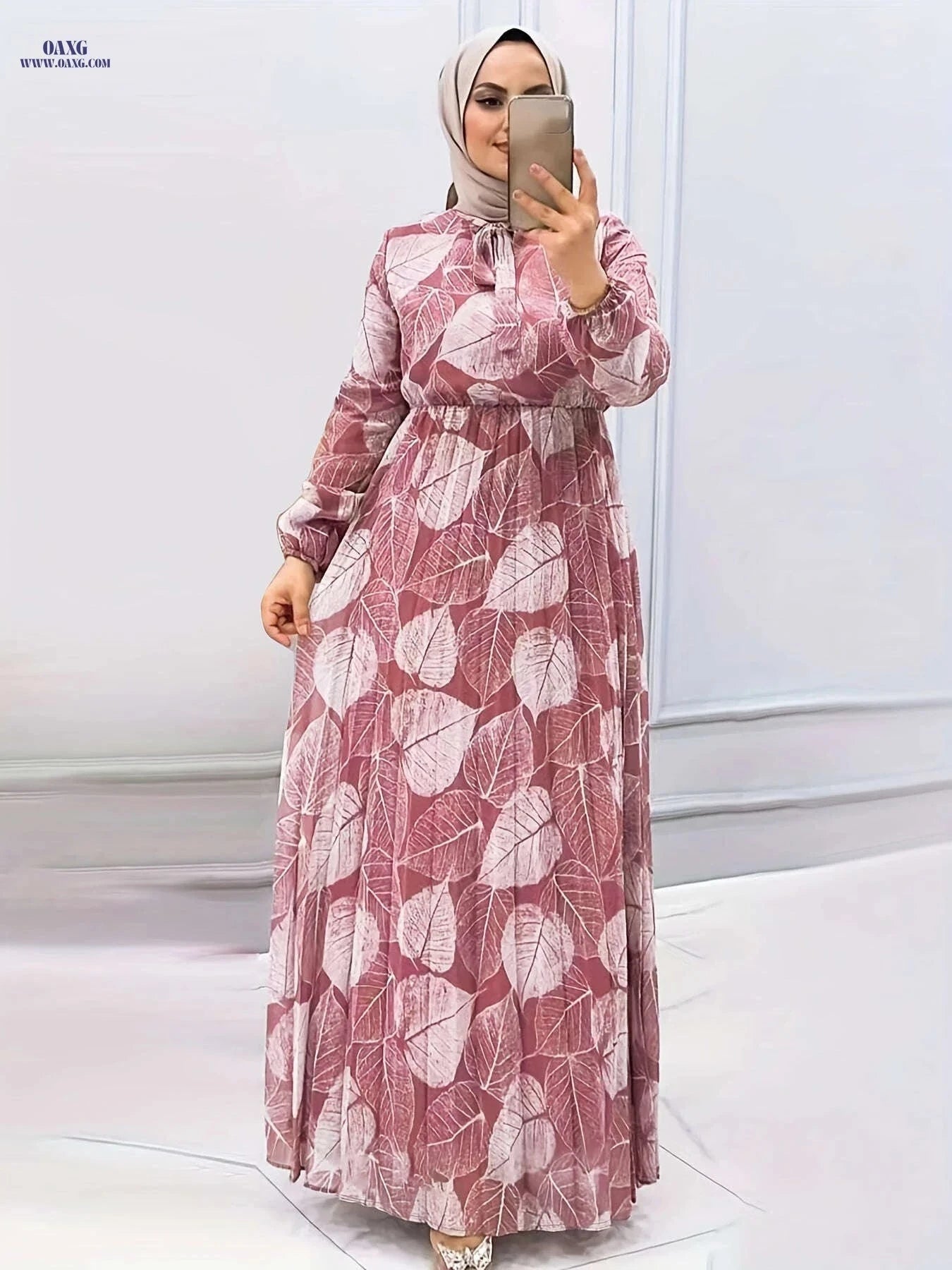 Women's Pleated Waist Dress - Semi-Sheer Middle Eastern Print Style   OAXG Khaki / S