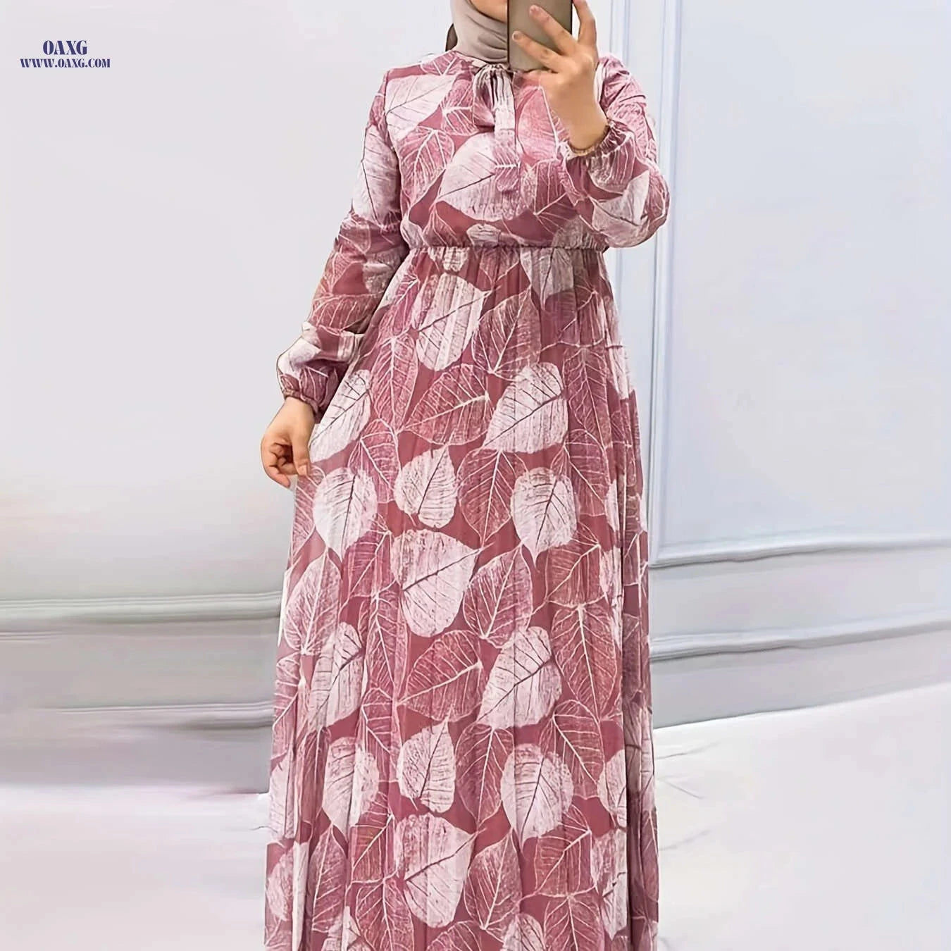 Women's Pleated Waist Dress - Semi-Sheer Middle Eastern Print Style   OAXG 