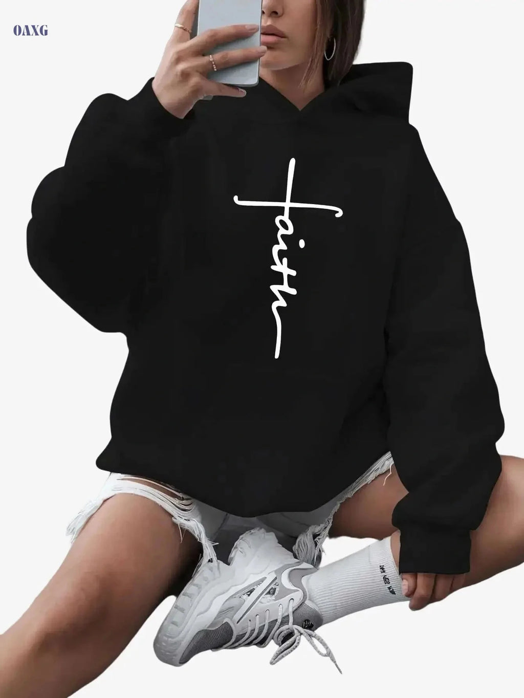 Women's Plus Size Faith Print Hoodie - Cozy Casual Winter Sweatshirt   OAXG 
