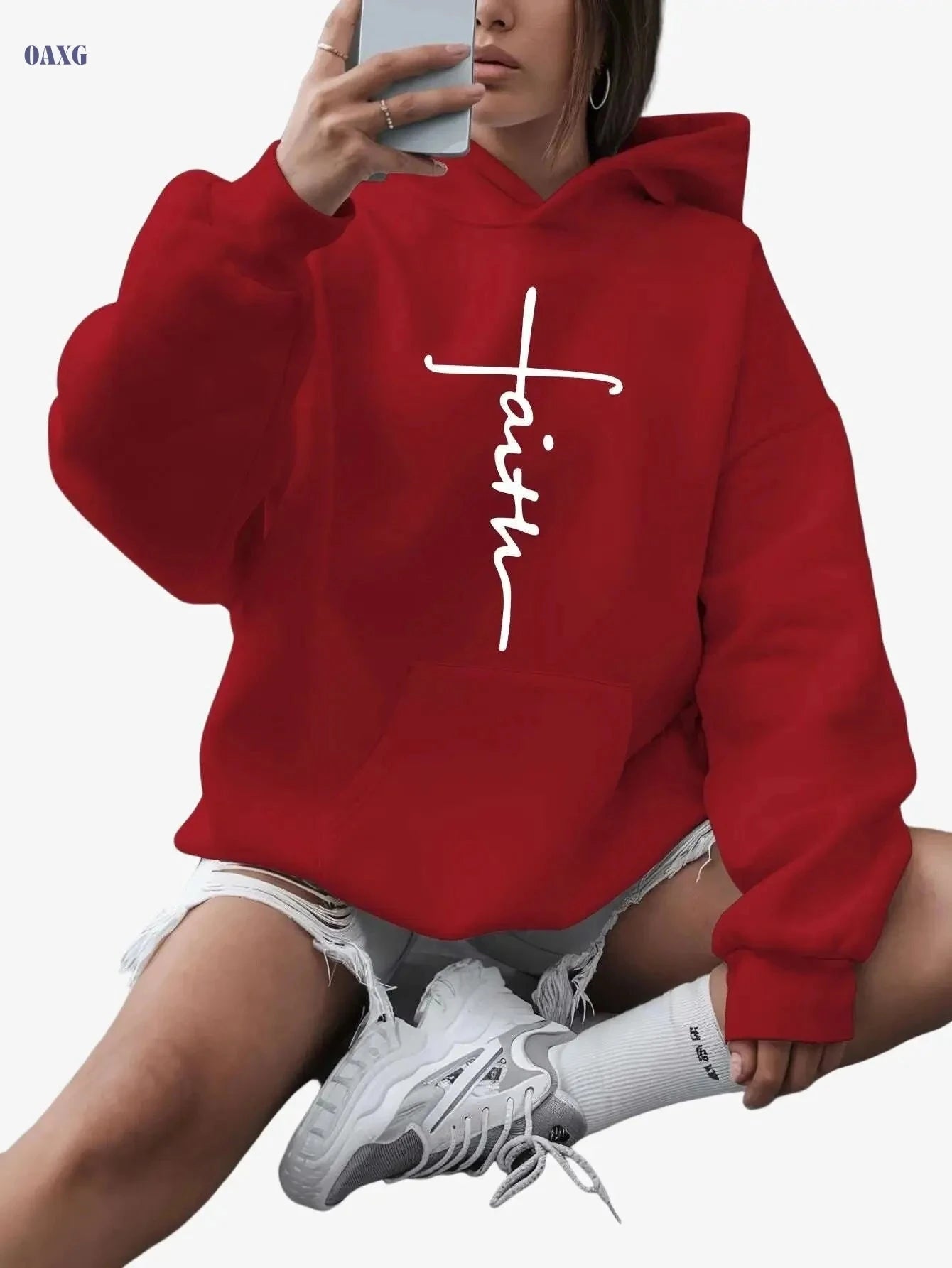 Women's Plus Size Faith Print Hoodie - Cozy Casual Winter Sweatshirt   OAXG 