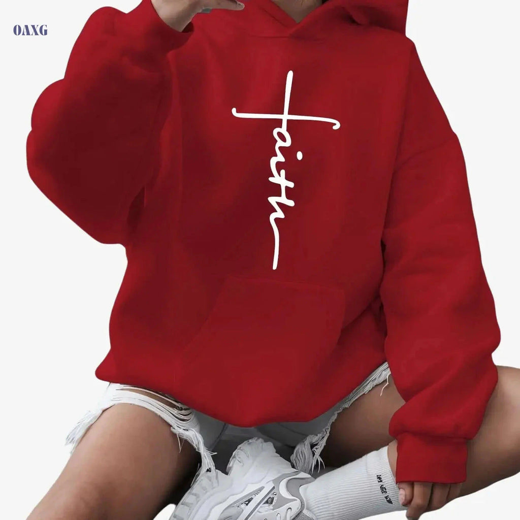 Women's Plus Size Faith Print Hoodie - Cozy Casual Winter Sweatshirt   OAXG 
