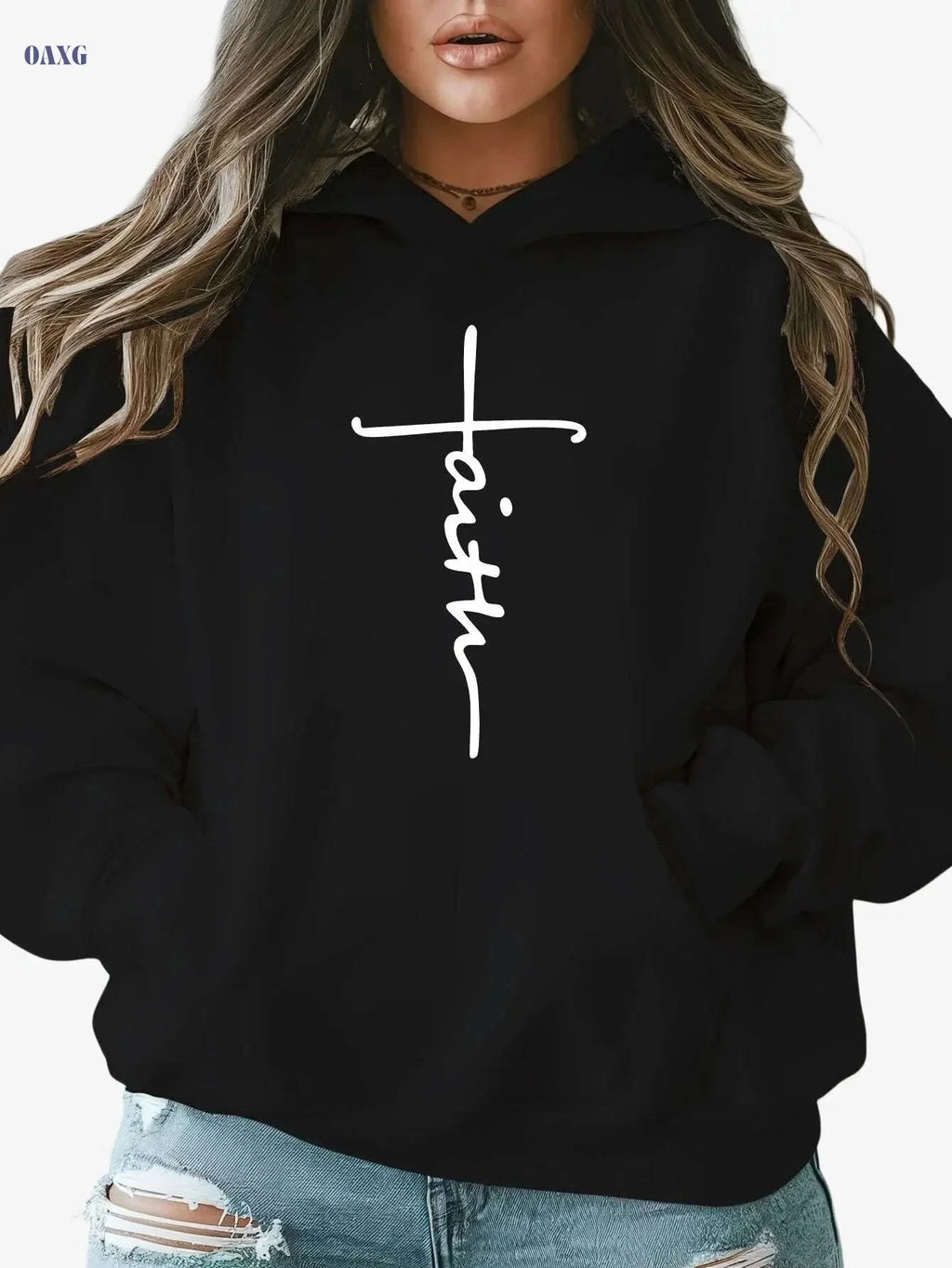 Women's Plus Size Faith Print Hoodie - Cozy Casual Winter Sweatshirt   OAXG (Red) / S