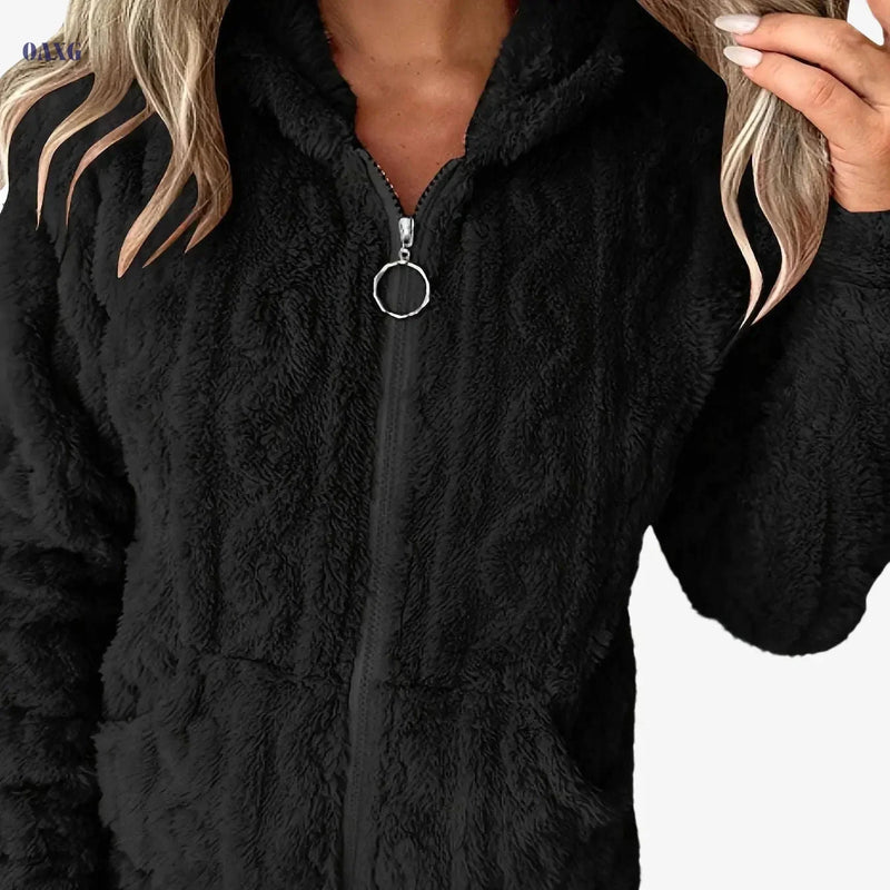 Women's Plush Textured Hooded Sweatshirt - Cozy Fleece-Lined Pullover   OAXG Black / S