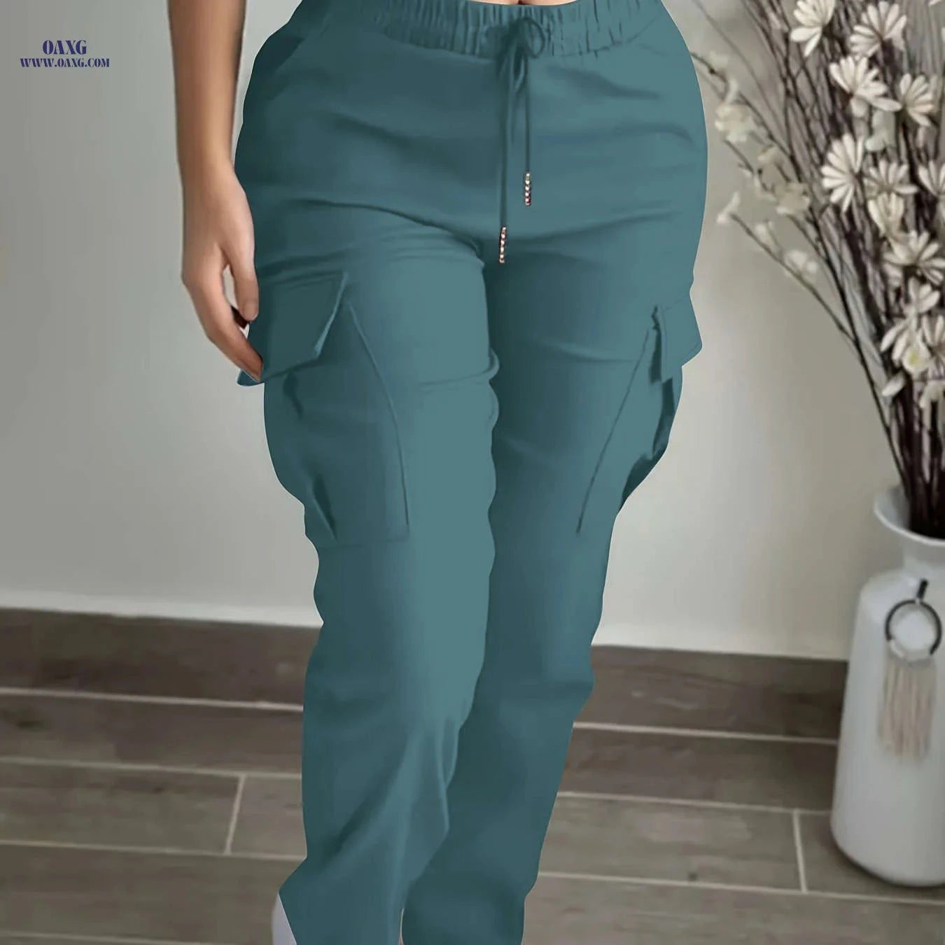 Women's Pocket Drawstring Cargo Pants - Casual All-Season Comfort   OAXG Black / S