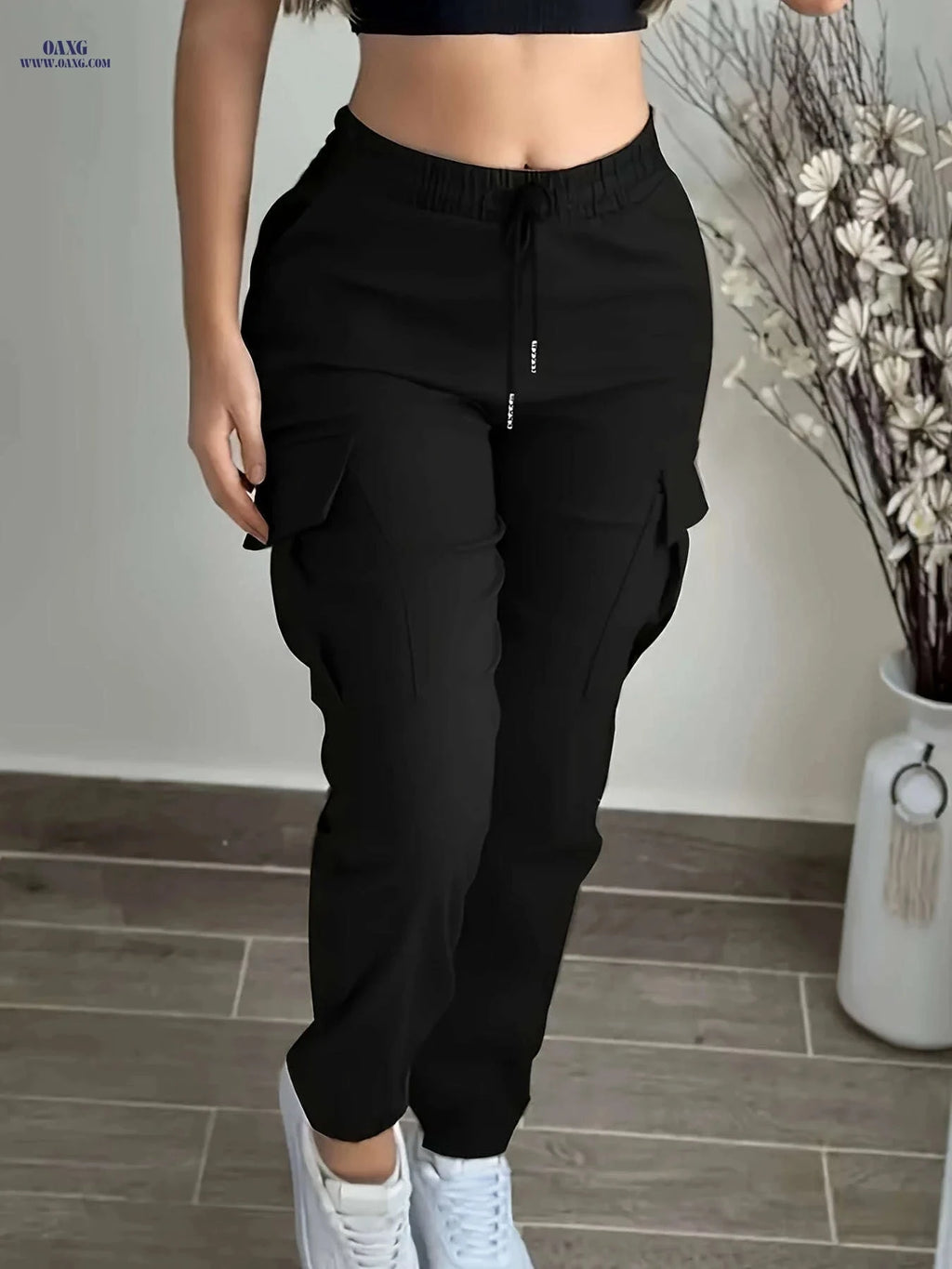 Women's Pocket Drawstring Cargo Pants - Casual All-Season Comfort   OAXG 