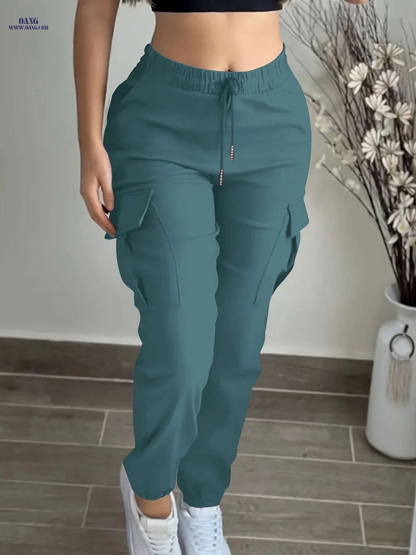 Women's Pocket Drawstring Cargo Pants - Casual All-Season Comfort   OAXG 