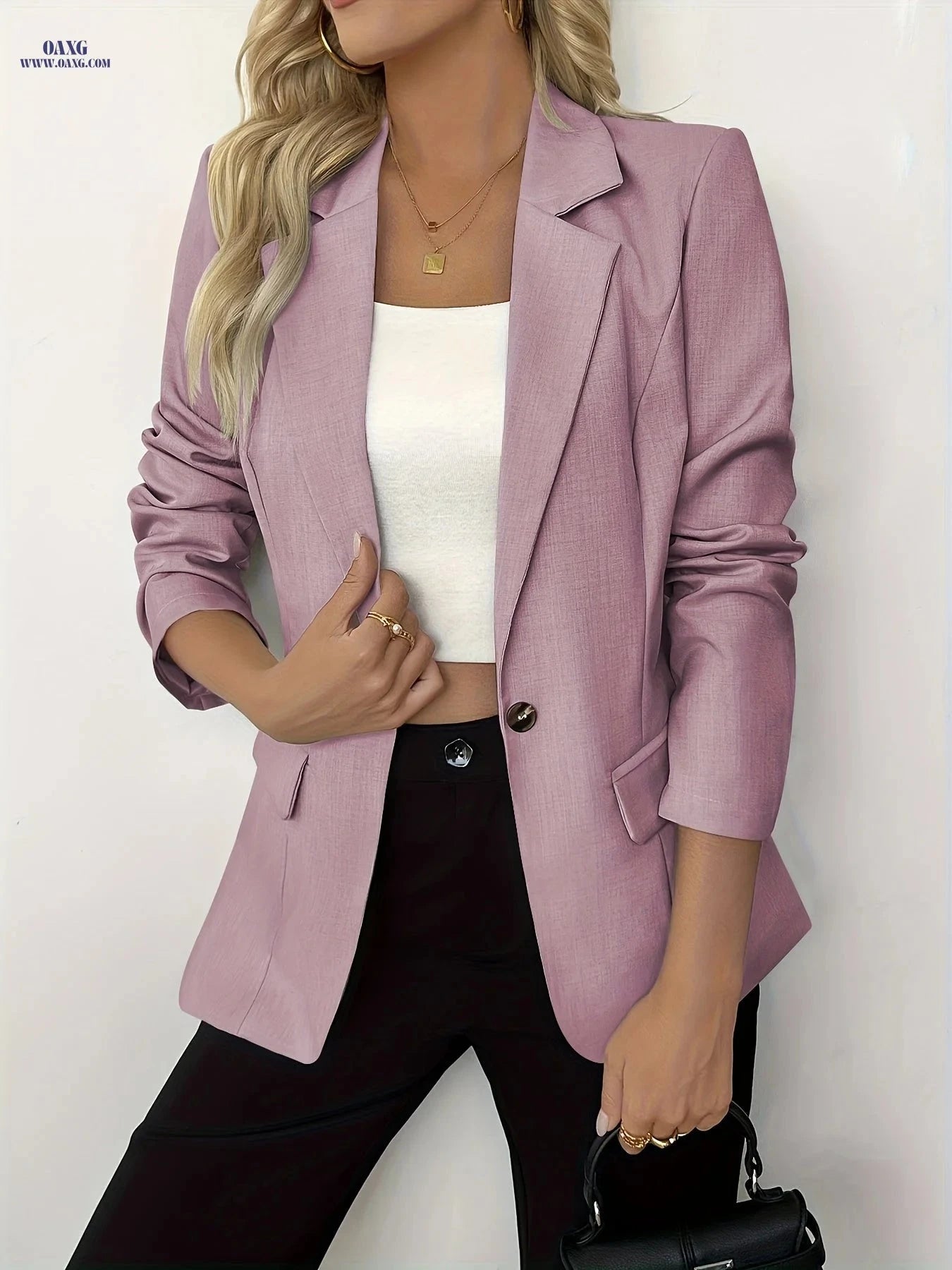 Women's Polyester Blazer - Long Sleeve, Solid Color, Casual Style   OAXG 
