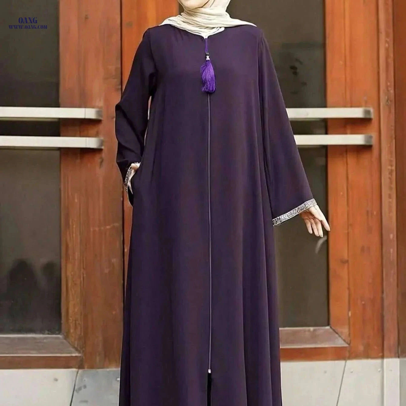 Women's Polyester Moroccan-Style Robe - Long, Zipper Closure, Loose Fit   OAXG 