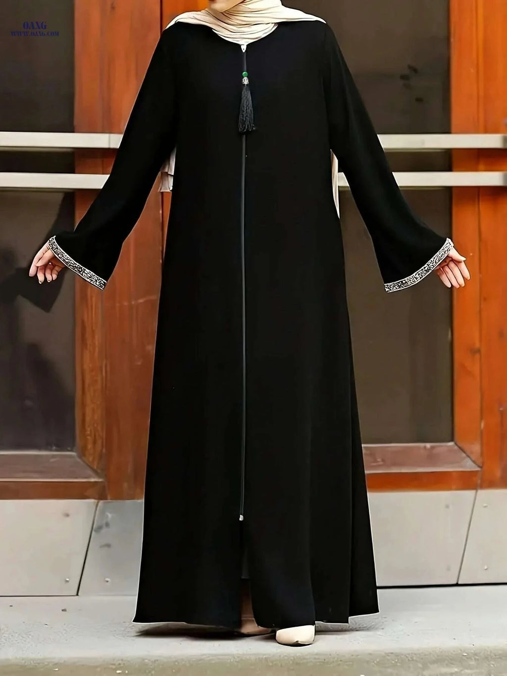 Women's Polyester Moroccan-Style Robe - Long, Zipper Closure, Loose Fit   OAXG Black / S