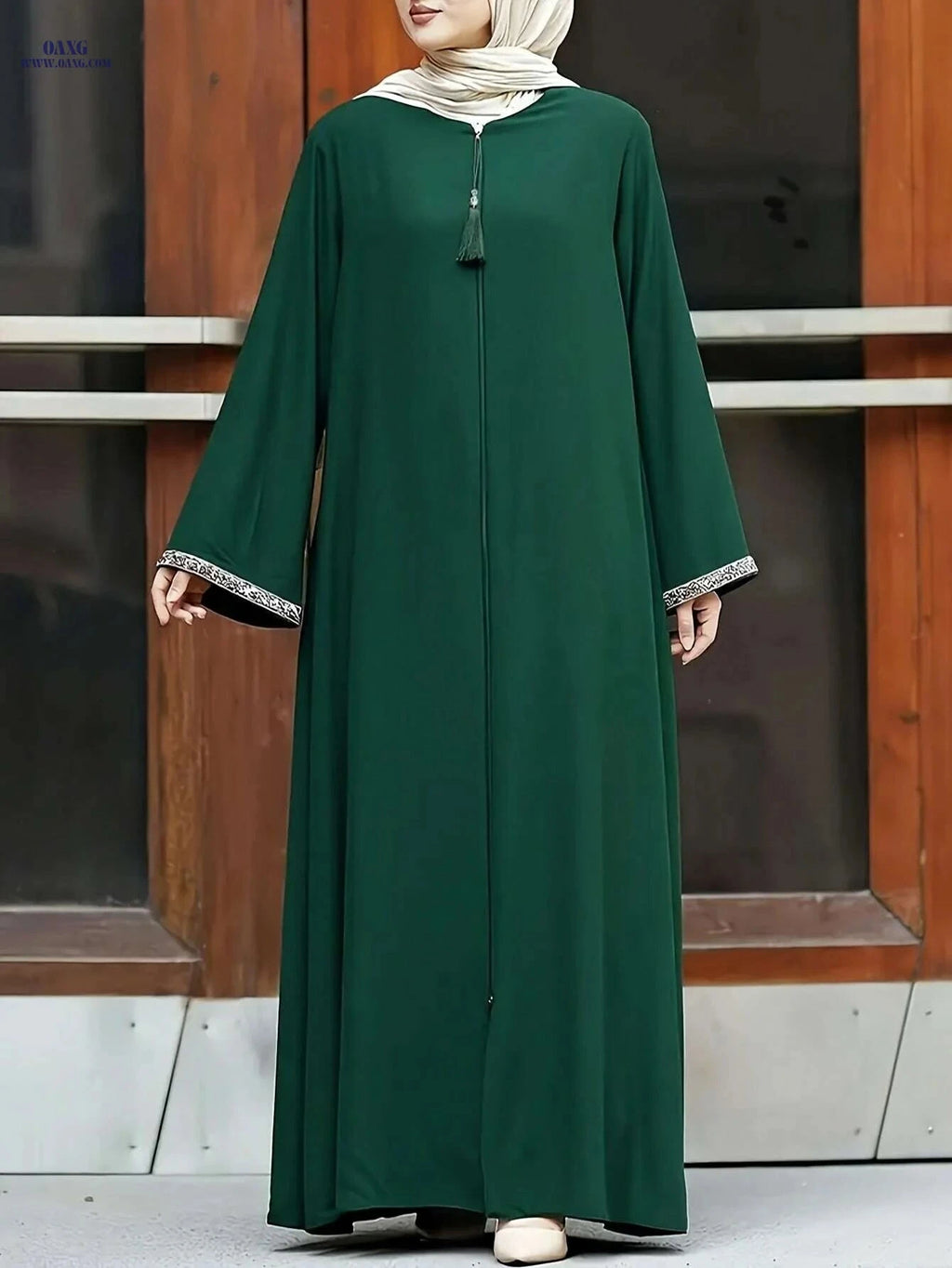 Women's Polyester Moroccan-Style Robe - Long, Zipper Closure, Loose Fit   OAXG Black / S