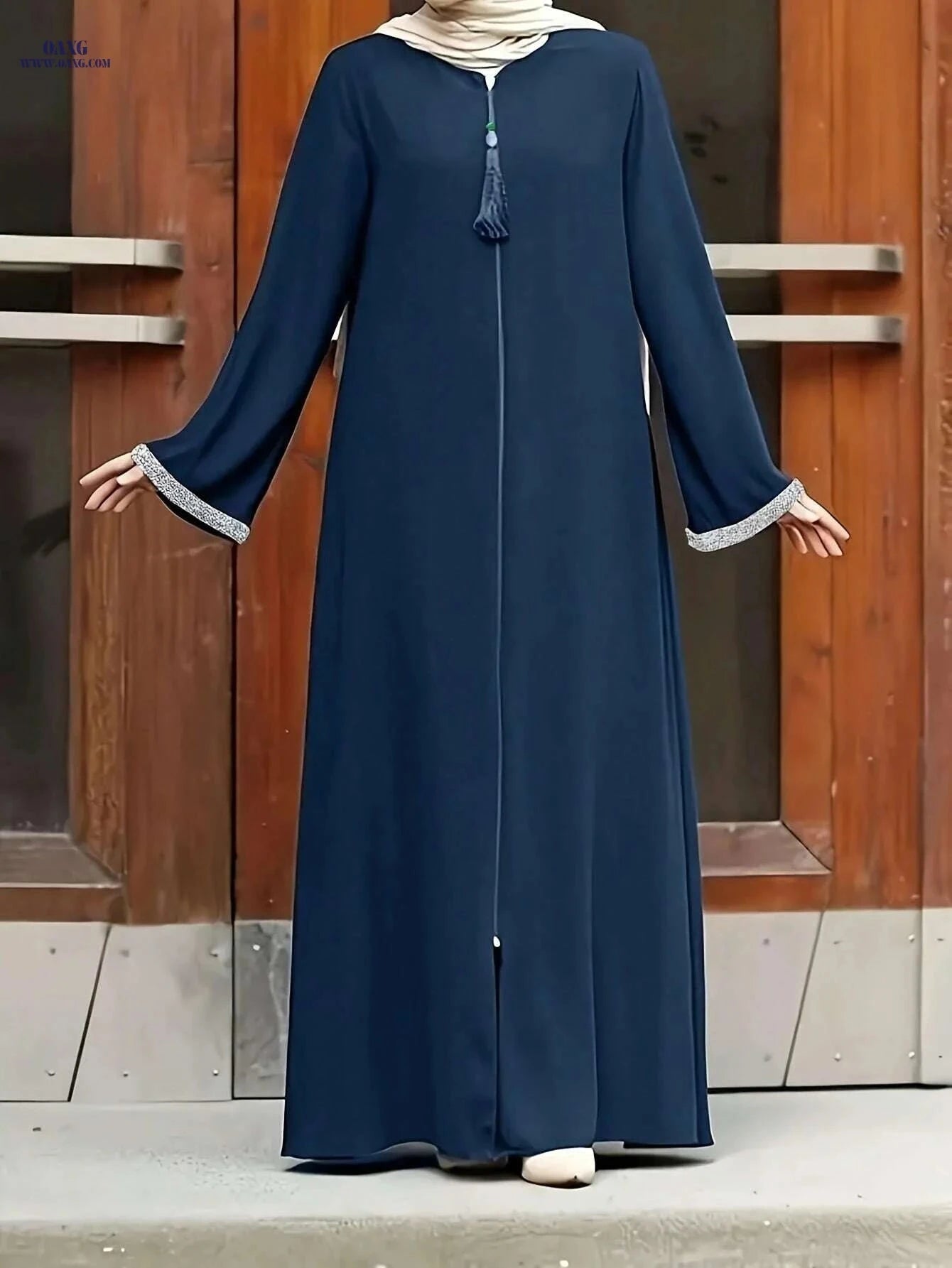 Women's Polyester Moroccan-Style Robe - Long, Zipper Closure, Loose Fit   OAXG Black / S