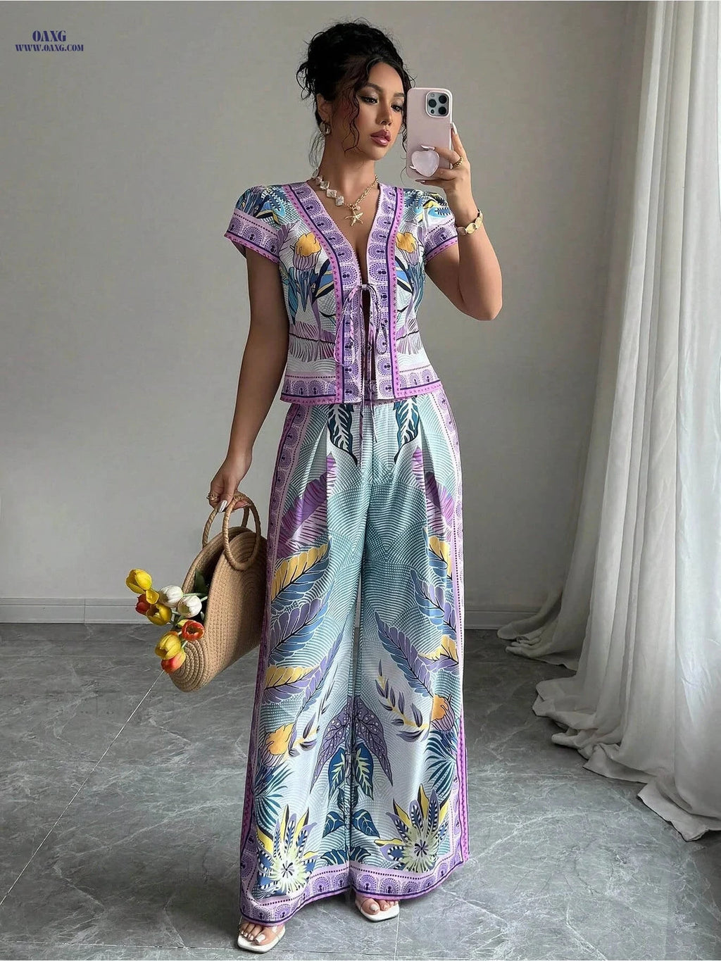 Women's Positioning Print Lace-Up Outfit - 2 Piece Daily Wear   OAXG 