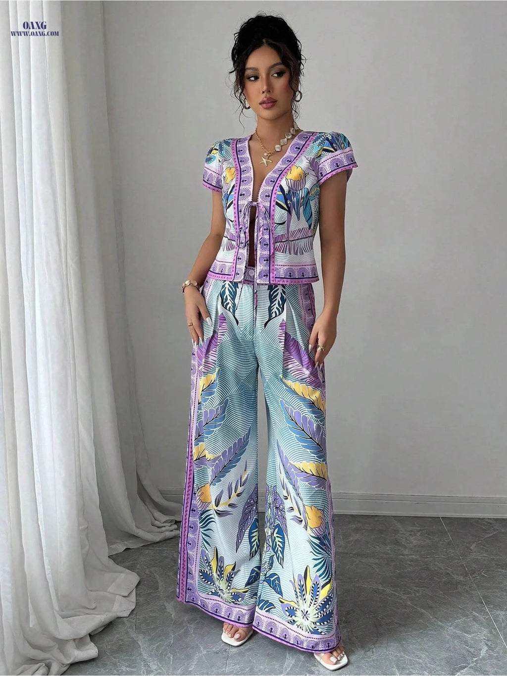 Women's Positioning Print Lace-Up Outfit - 2 Piece Daily Wear   OAXG Mixed colors / S