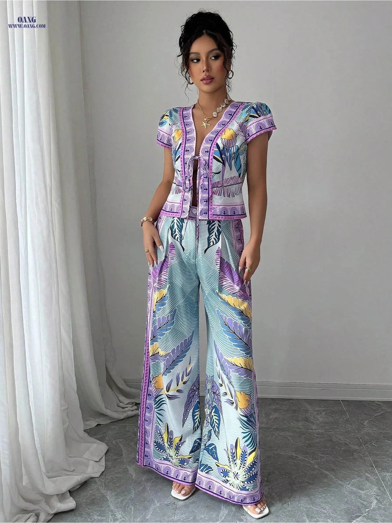 Women's Positioning Print Lace-Up Outfit - 2 Piece Daily Wear   OAXG Mixed colors / S