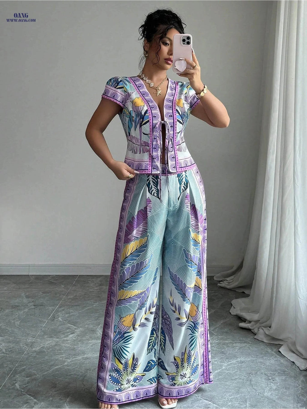 Women's Positioning Print Lace-Up Outfit - 2 Piece Daily Wear   OAXG Mixed colors / S