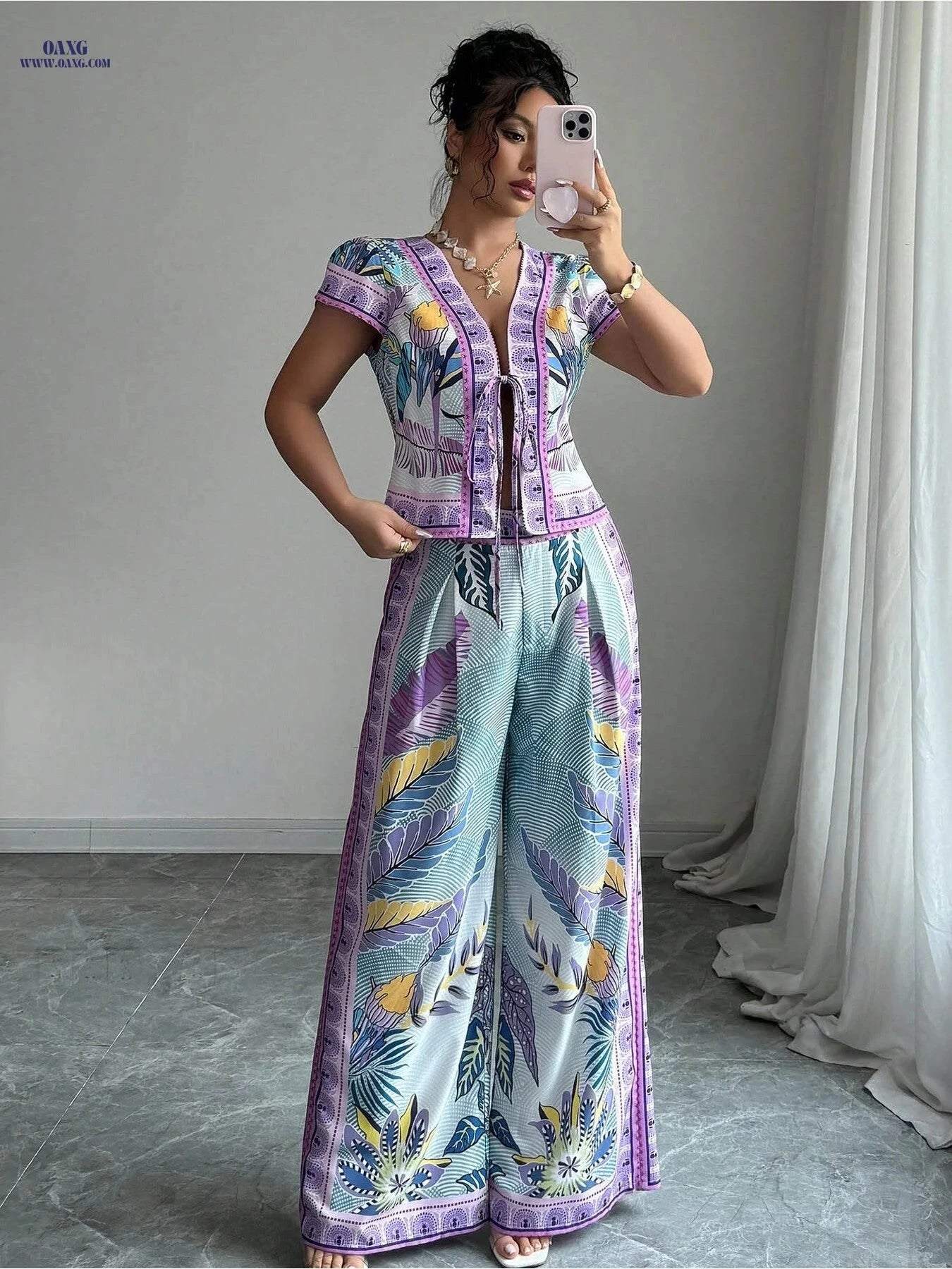 Women's Positioning Print Lace-Up Outfit - 2 Piece Daily Wear   OAXG Mixed colors / S