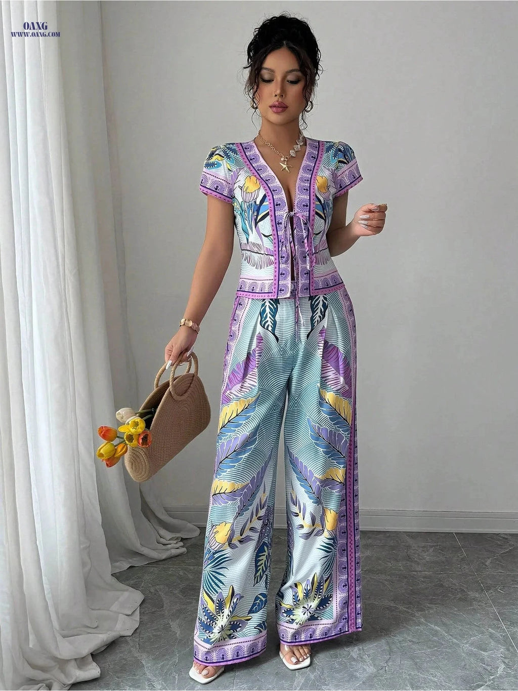 Women's Positioning Print Lace-Up Outfit - 2 Piece Daily Wear   OAXG Mixed colors / S