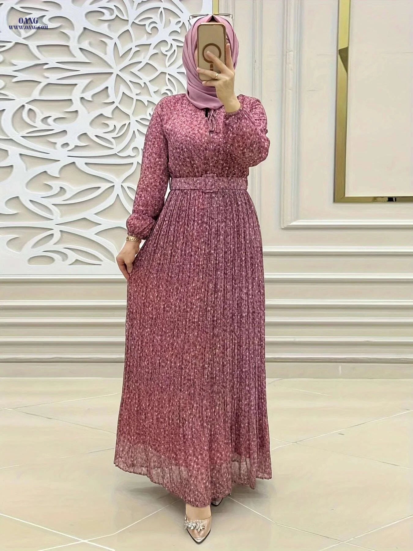 Women's Print Chiffon Maxi Dress - Long Sleeve, Belted Waist   OAXG 
