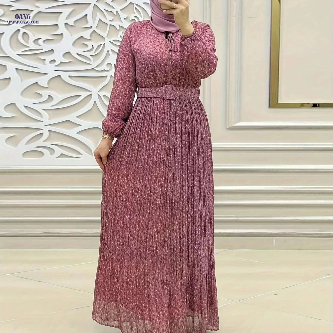 Women's Print Chiffon Maxi Dress - Long Sleeve, Belted Waist   OAXG Deep Blue / S