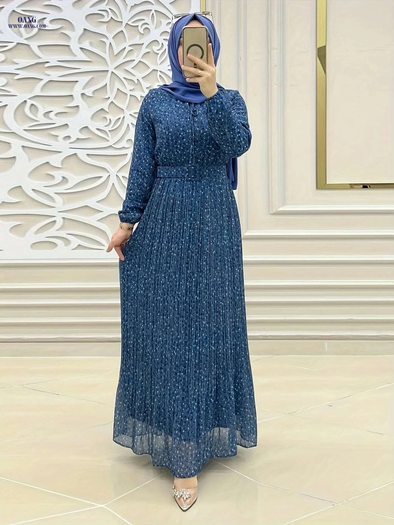 Women's Print Chiffon Maxi Dress - Long Sleeve, Belted Waist   OAXG Deep Blue / S