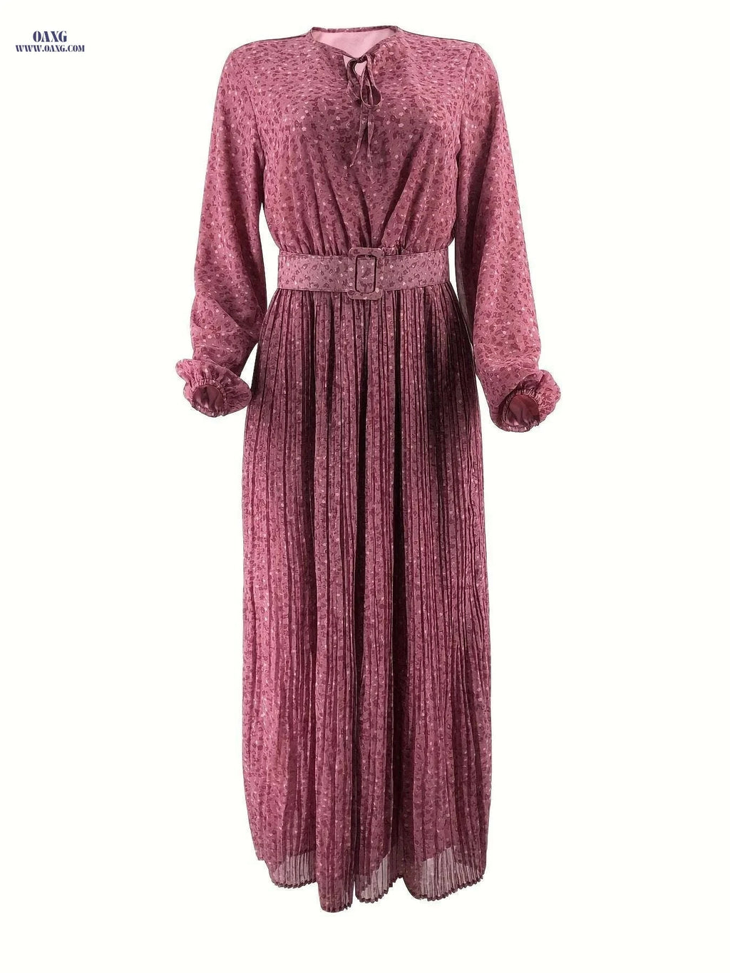 Women's Print Chiffon Maxi Dress - Long Sleeve, Belted Waist   OAXG 