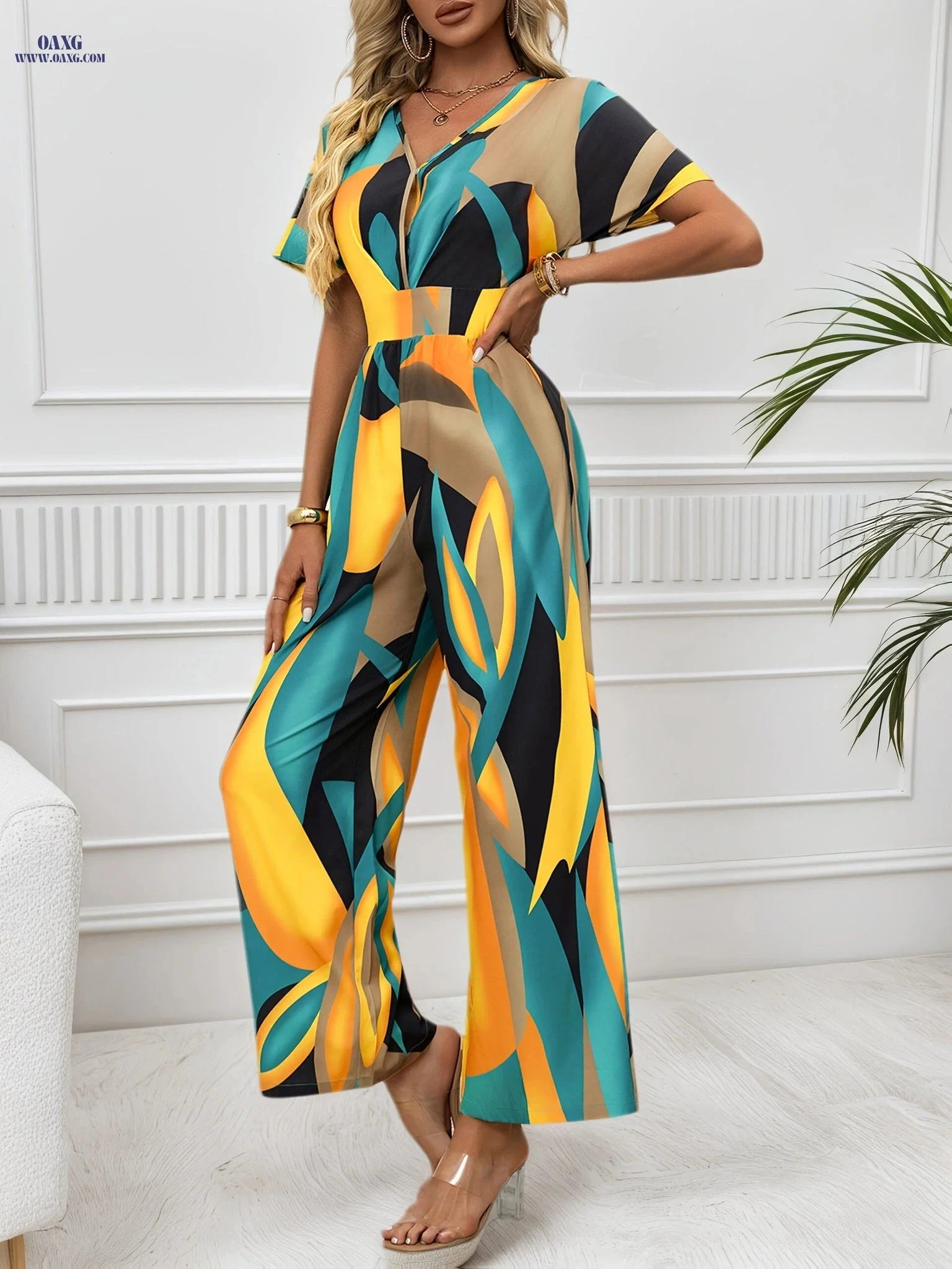 Women's Printed Batwing Sleeve Jumpsuit Pants - Casual & Stylish   OAXG Yellow / S