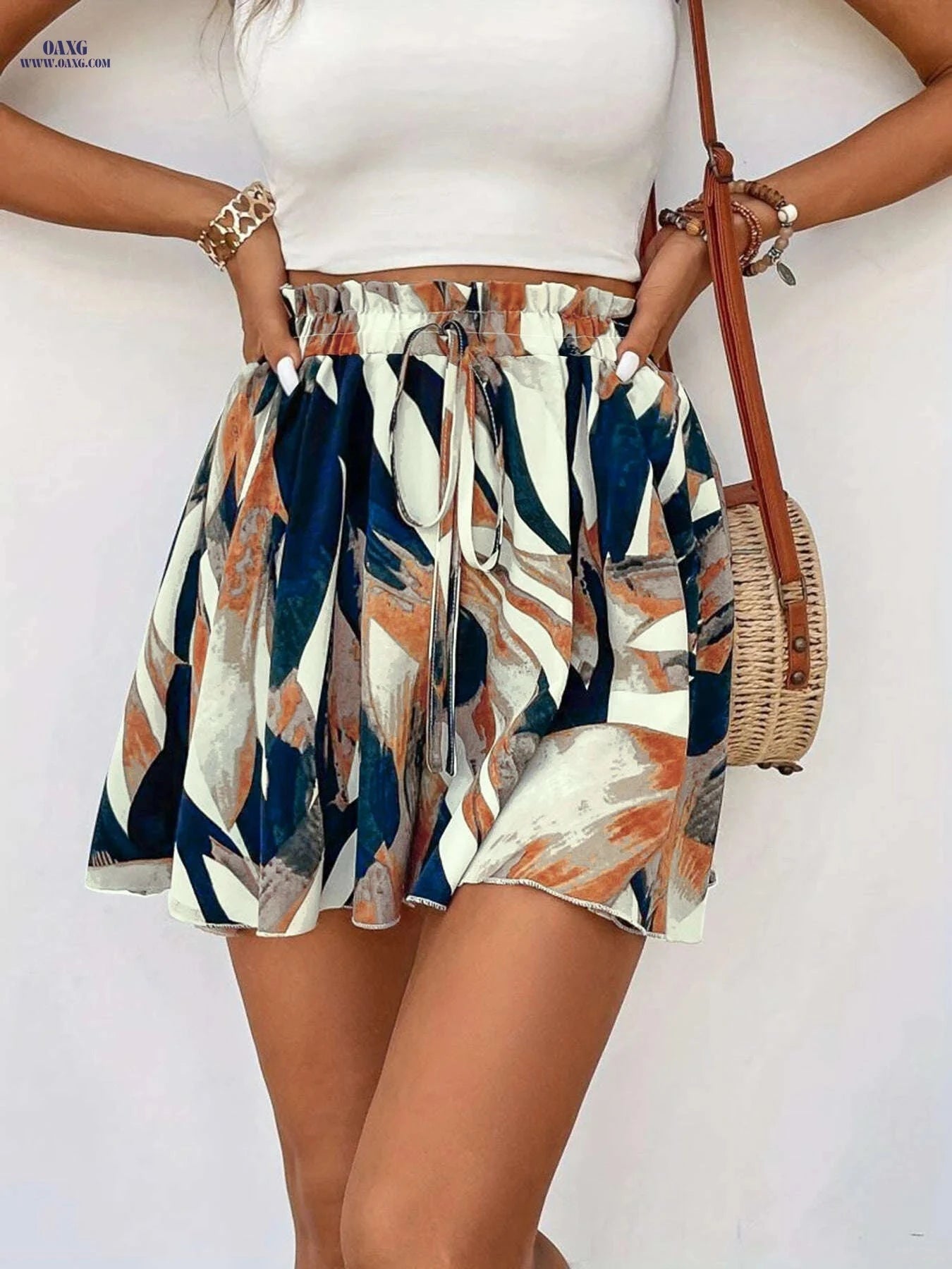 Women's Printed Lace-Up Shorts - Lightweight, Summer Fashion Style   OAXG 