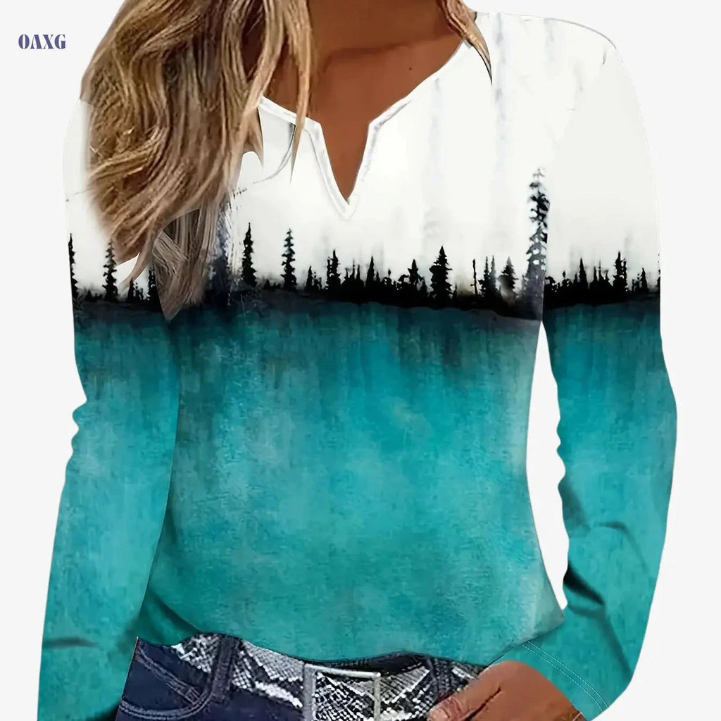 Women's Printed Long-Sleeve T-Shirt - Casual V-Neck Fashion Top   OAXG 