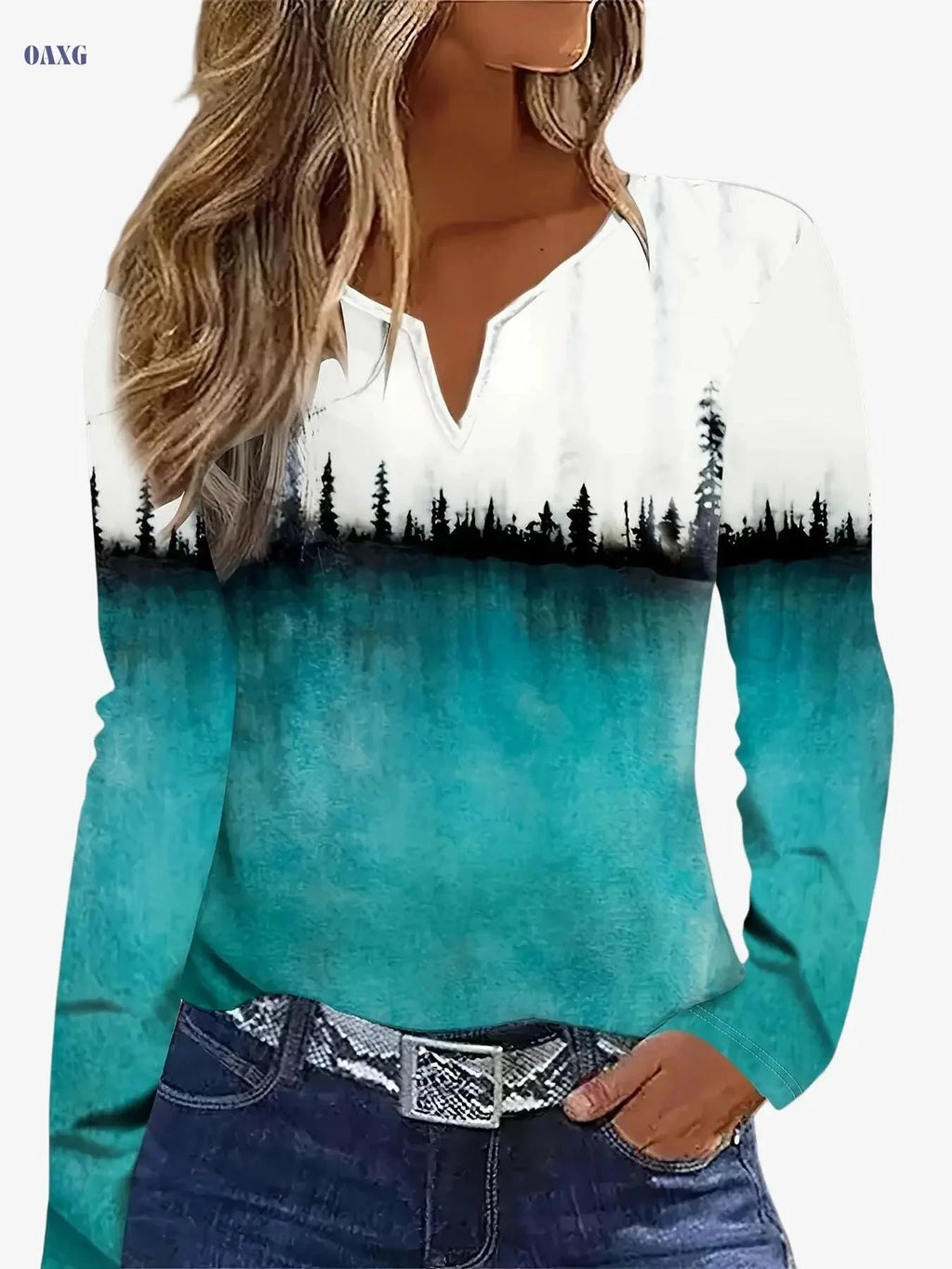 Women's Printed Long-Sleeve T-Shirt - Casual V-Neck Fashion Top   OAXG 