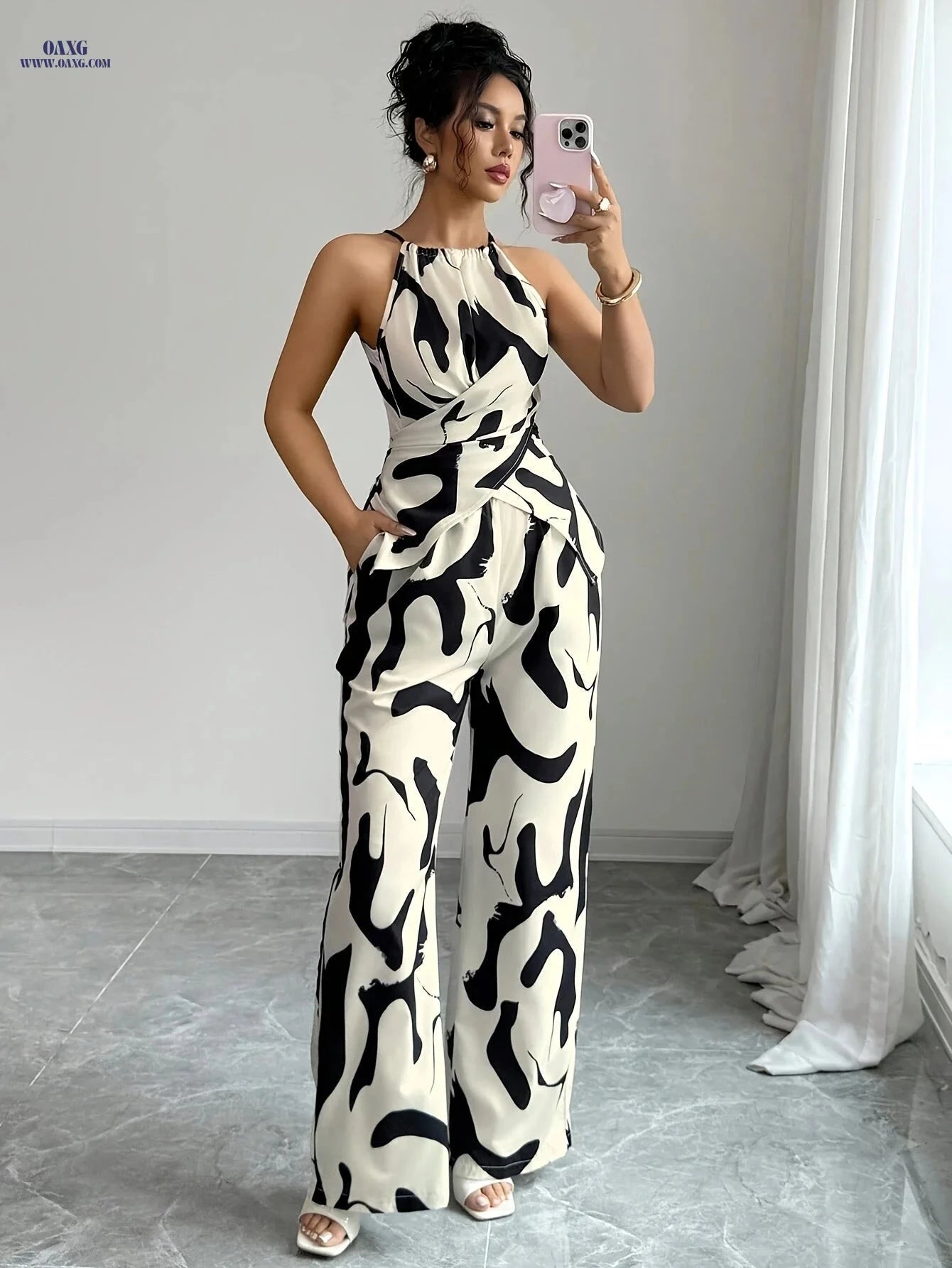 Women's Printed Pleated Camisole Set - Elegant Vacation Wear   OAXG 