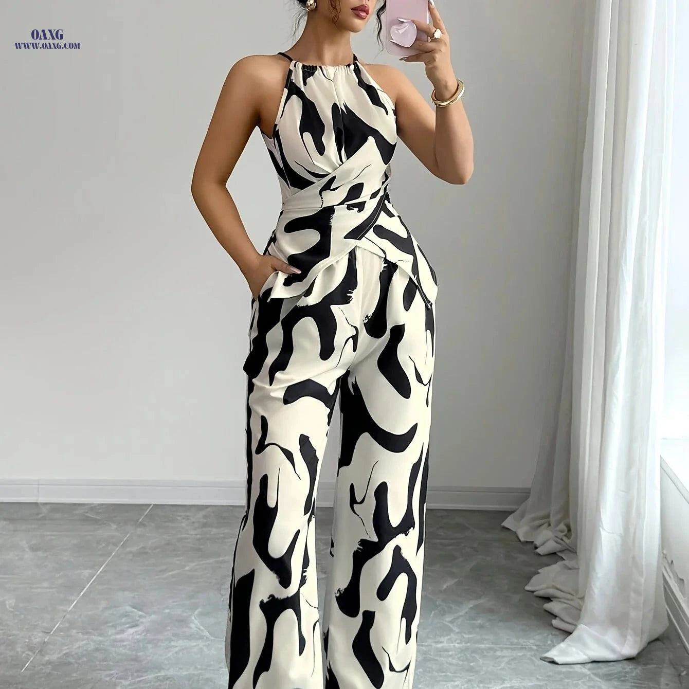 Women's Printed Pleated Camisole Set - Elegant Vacation Wear   OAXG Mixed colors / XS