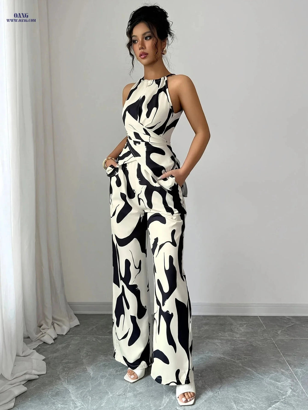 Women's Printed Pleated Camisole Set - Elegant Vacation Wear   OAXG Mixed colors / XS