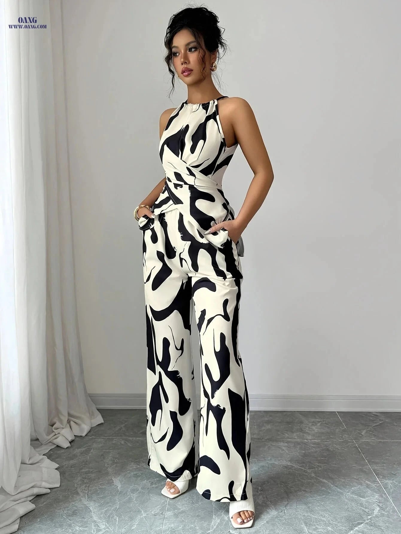 Women's Printed Pleated Camisole Set - Elegant Vacation Wear   OAXG Mixed colors / XS